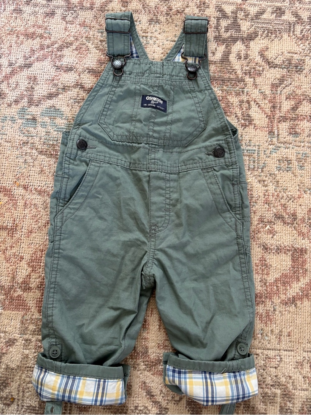 OshKosh B'gosh Olive Green Cotton Overalls with Plaid Cuffs 12 Months NWOT